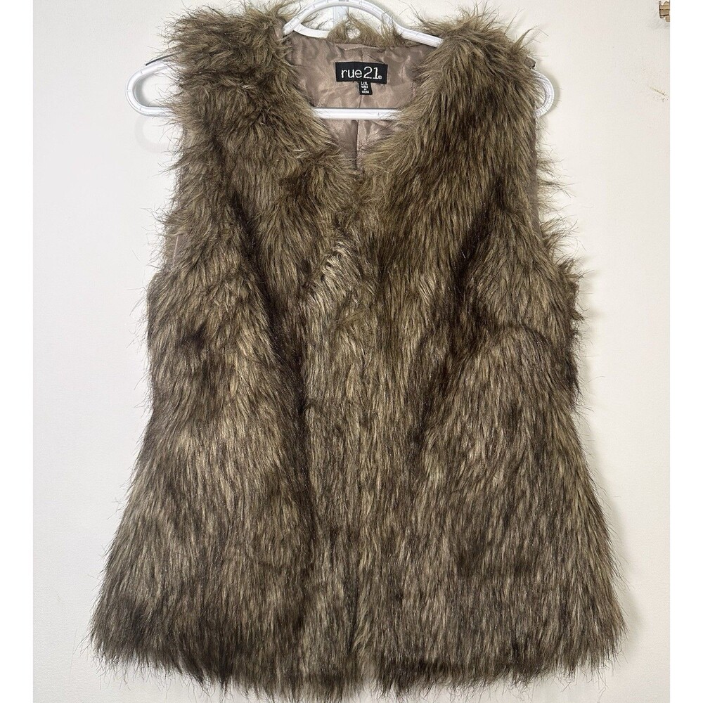 Rue21 Faux Fur Vest Brown Sleeveless Open Front Boho Y2K L XL
